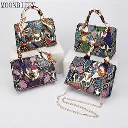 Evening Bags Retro Snake Pattern Handbag Colour Contrast Scarves Soft PU Leather Single Shoulder Diagonal Female Elegant Chain Crossbody BagE