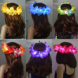 led headbands Canada - 10PCS LED Light Up Glow Hawaiian Wreath Headband Luau Flower Leis Thicker Floral Crown for Summer Beach Pool Party Decorations Y220725