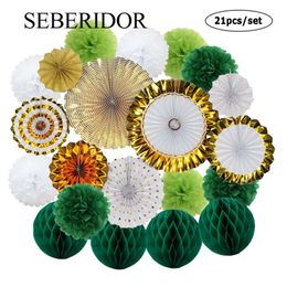 Other Event Party Supplies Gold Green Set Folding Paper Fan Round Ball Honeycomb Tissue Pompom For Wedding Anniversary Baptism Christmas Holiday Decor 230206