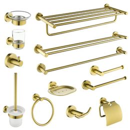 Bath Accessory Set Bathroom Accessories Towel Rack Shelf Brushed Gold Ring Hanger Wall Mounted Paper Holder Toilet Brush Robe HookBath