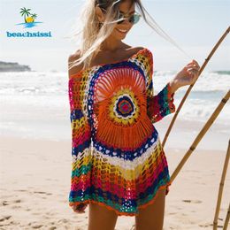 Beachsissi Colorful Knitted Cover Up Bikini Women Swimsuit Lace up Kimono Beach Dress Bathing Suit Beachwear Tunic Robe 220524