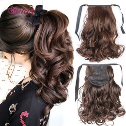 Ponytail Hair Extensions Curly Human Hair 16 Inch Natural brown black wavy Ponytails Hairpiece for Women 140g