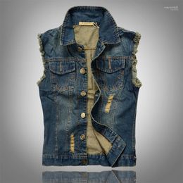 Men's Vests Wholesale- 2022 Fashion Mens Denim Vest Vintage Sleeveless Washed Jeans Waistcoat Man Cowboy Ripped Jacket Plus Size 6XL Tank To