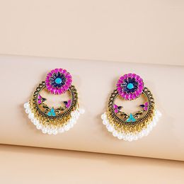 Stud Vintage Women's Pink Flower Earrings Boho Ethnic Enamel Hollow Pearl Beads Tassel Jhumka Wedding Jewelry GiftStud StudStud Kirs22