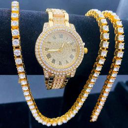 Wristwatches 3PCS Luxury Iced Out Watches For Women Tennis Chain Bracelet Necklaces Bling Jewelry Set Simple Fashion Watch