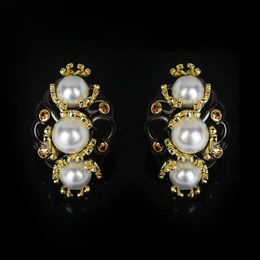 Dangle & Chandelier Ethnic Style Women's Earrings Golden Flower Pearl 925 Silver Fashion Two-tone Black Gold Jewellery EarringsDangle