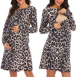 New Nursing Dresses for Breastfeeding Women's Casual Maxi Dress Leopard Print Loose Clothes Baby Shower Pregnancy Dresses S6 G220309