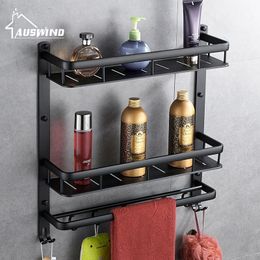 AUSWIND Antique No holes black space aluminum shelf bathroom American towel rack pendant multi layer double rod hook Y200407