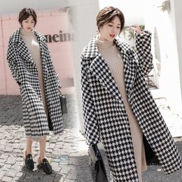 Women's Wool & Blends 2022 Autumn And Winter Jacket Mid-length Black White Houndstooth Woolen Plus Cotton Thick Coat Loose Retro