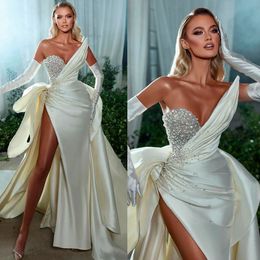 Pearl Prom Dresses with Detachable Train High Split Satin Evening Gowns Elegant Custom Made Party Dress