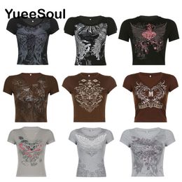 Vintage Crop Tops Floral Print Short Sleeveless Women T Shirts Fairy Grunge Y2k Aesthetic Fairycore Fashion Summer Tops 220719