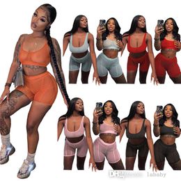 2022 Designer Clothing Womens Tracksuits Sexy Sheer Yoga Pants Suit 2 Piece Short Pants Set Mesh Tank Tops Shorts Outfits