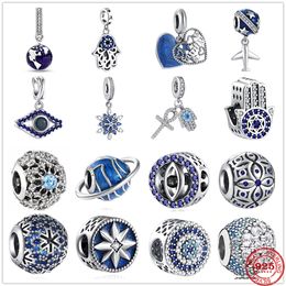 925 Sterling Silver Dangle Charm New Blue Zirconia Earth Aeroplane Snowflake Pendant Beads Bead Fit Pandora Charms Bracelet DIY Jewellery Accessories