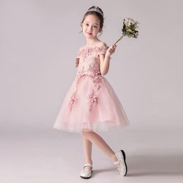 Girl's Dresses 2022 Pink Appliques Girl First Communion Shoulderless Kids Party Ball Gown Organza Flower For Weddings