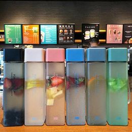 Transparent Square Plastic Matte Water Bottles Outdoor Cold Juice Waters Sports Cup Milk Cups with Portable Rope sxjun16