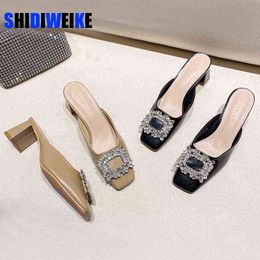 Slippers New Square Toe Women Mules Bridal Wedding Shoes Rhinestone Crystal Shallow Pumps Chunky Heel Sandals Zapatos De Mujer Ad1645 220427
