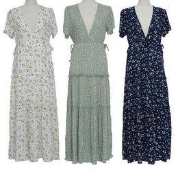 New Stylish Bohemian Women Summer Dress Short Sleeve Ruffle Deep V Neck Floral Print Elegant Maxi Dress for Party Streetwear L220705
