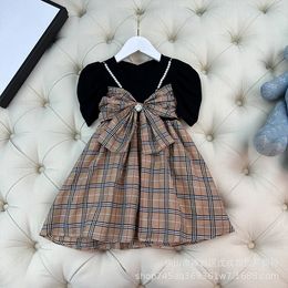 children's Girls Summer leisure Short Sleeve Plaid Necklace bow college style Princess Dress