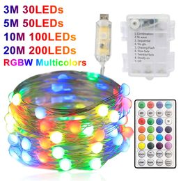 RGB LED Copper Wire Light RGBW LED Fairy String Light Christmas Tree Decor LED Lights 3-20M USB Remote Control Lights 220408