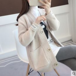 Knitted Sweater Cardigan Autumn Winter Women Korean Style Ladies Outerwear Loose Soild Colour Pockets Coats 201130