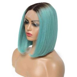 cheap ombre hair UK - Cheap Ombre Bob Wigs For Women, T1b blue Brazilian Human Hair Gluels Transparent Swiss T Shape Lace Wig