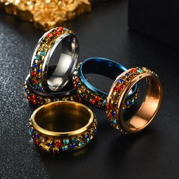 Cluster Rings Decompression Series Jewellery 8mm Wide Colourful Stainless Steel Inlaid Rhinestones Chain Rotatable RingCluster