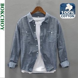 Autumn Work Style Men's Casual Cotton Long Sleeve Shirt Single-breasted Multi-pocket Retro Denim Blue Workwear GML04-C321 220322