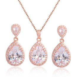 Bright large zircon Water Drop Necklace Earrings Set Bridal Wedding Accessories temperament simple set