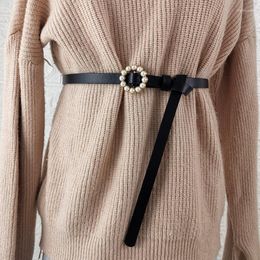 G￼rtel Designknoten f￼r Frauen Goldlegierung Perle Schnalle G￼rtel weiche schmale Riemen PU Leder Pullover feste Kleid Jeans Girlbelts