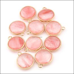 Charms Jewellery Findings Components Round Shape Natural Stone Rose Quartz Tiger Eyes Opal Pendant Diy For Druzy Neckla Dht6F
