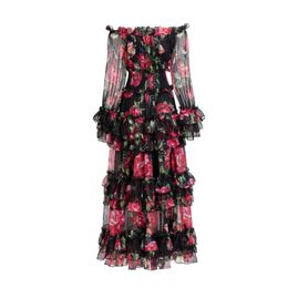 Summer Fall Off Shoulder Slash Neck Multicolor Chiffon Floral Print Tiered Panelled Long Maxi Dress Elegant Casual Dresses 22q280029 Plus Size xxl