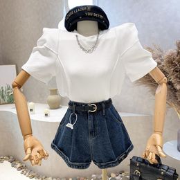two piece denim UK - Women's Tracksuits Women 2022 Summer Fashion Two Piece Sets Female Puff Sleeve Top And High Waist Denim Shorts Set For Ladies Clothes Suit S