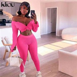 Kliou Ribbed Knitted 2 Piece Outfits Women Autumn Solid Slash Neck Jacket TopsElastic Leggings Matching Sets Streetwear 210331