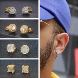 Mens Hip Hop Iced Out Bling CZ Stud Earrings Geometric Square Round Gold Colour Micro Pave Cubic Zircon Studs Earring for Men Women 4 styles
