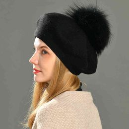 Autumn Winter Berets Hat Women Casual Knitted Wool Beret With Real Raccoon Fur Pom Ladies Angola Cashmere Beret Hat Female J220722