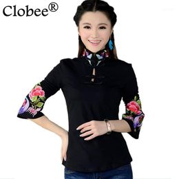 Women's Blouses & Shirts Chinese Style Shirt 2022 Ethnic Black White Embroidered Blouse Female Long-sleeve Top Ropa Mujer Talla Grande 4xl 5