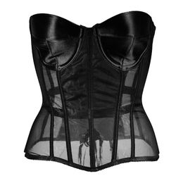 Women Sexy Satin Mesh Overbust Corset 2022 Spring New Ultra Lightweight Lingerie Casual Vintage Bustier Slim Body Belts See Through Corset Black White Red XXS-5XL