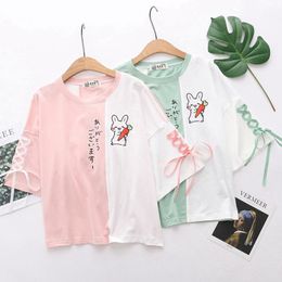 Women's T-Shirt Summer Cartoon Printed Short Sleeved Women Clothing Sweet Patchwork Loose Mori Girl Female Tops Tees U243Women's