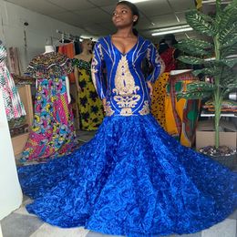 Long Sleeve Black Girls Evening Dress 2022 Sexy V Neck Plus Size African Prom Dress With Bottom Rose Formal Women Party Gown Arabic Robes De Soirée 2022