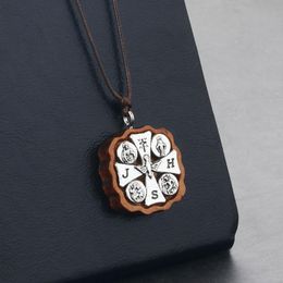 Pendant Necklaces Catholic Christ Geometric Square Wooden Cross For Men Adjustable Rope Chains Collars Religious JewelryPendant