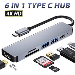 6 In 1 USB Type C HUB With HD-MI for MacBook Pro Laptop Dongle PD Fast Charging Docking Station 2*USB3.0,SD/TF for Apple/Dell/HP/Surface/Lenovo Laptops