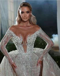 Luxurious Ball Gown Wedding Dress Sequins Beads Strapless Sexy V Neck Long Sleeves Detachable Train Floor Length For Woman Custom Made Sweep Train Bridal Dresses