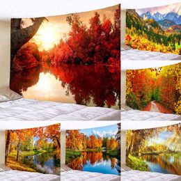 Bedroom Living Room Daily Decor Tapestry Autumn Leaves Dusk Pond Landscape Plant Wall Carpet J220804
