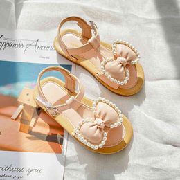 Summer Kids Girl Sandals Baby Fashion Shoes with Bow Princess Shoes Children Girls Soft Soled Beach Shoes Pearl G220418