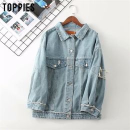 fashion ripped hole jeans jackets women blue denim coat vintage loose oversized coat steetwear T200827