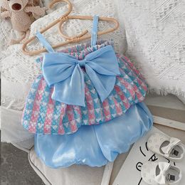 Clothing Sets Girl Summer Set Bud Slip Top Bow Square Collar Tops Korean Solid Loose Shorts 2pcs Children Clothes 2-6 YearsClothing