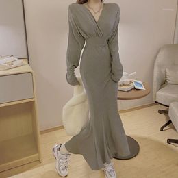 Casual Dresses Japan Style Korean Fashion Ladies Designer Simple Elegant High Waist Thin S Mermaid V-neck Long Sleeve