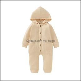 Rompers Baby Spring Autumn Clothing Newborn Infant Baby Boy Girls Kid Solid Long Sleeve Hooded Button Pockets Romper Winter Mxhome Dhk8Q