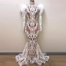 Luxury Feather White Mermaid Evening Dresses High Neck Lace Robe De Soiree 2022 Arabic Formal Party Gowns Crystals Beaded Dubai Abaya Kaftan Long Prom Dress
