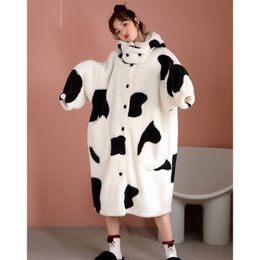 Women's Sleepwear Cute Cow Pyjamas Women Winter Nightgown Female Long Thickened Flannel Sleep Dress Girl Home Service Bathrobe